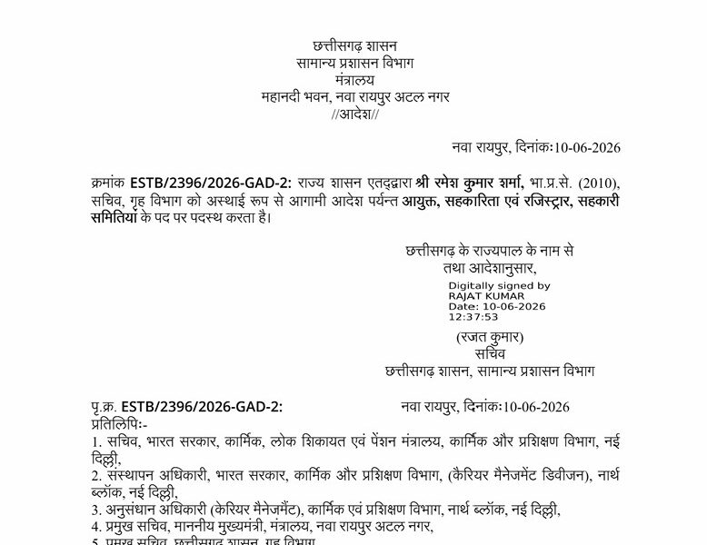 IAS Posting: Major administrative order by the Chhattisgarh government...! IAS Ramesh Kumar Sharma appointed Commissioner of Cooperation... See details here.