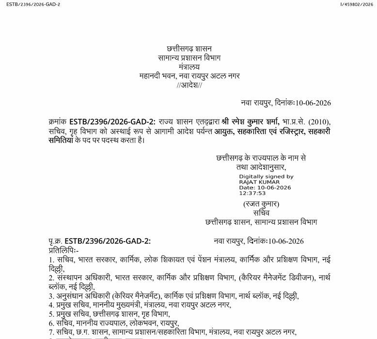 IAS Posting: Major administrative order by the Chhattisgarh government...! IAS Ramesh Kumar Sharma appointed Commissioner of Cooperation... See details here.