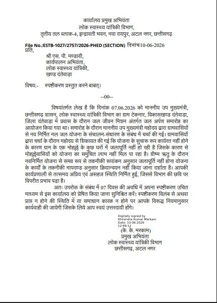Jal Jeevan Mission: Major impact of the Bastar visit! Notices issued to two Executive Engineers (EEs) on the instructions of Deputy CM Arun Sao; explanation sought regarding negligence in the tap-water scheme.