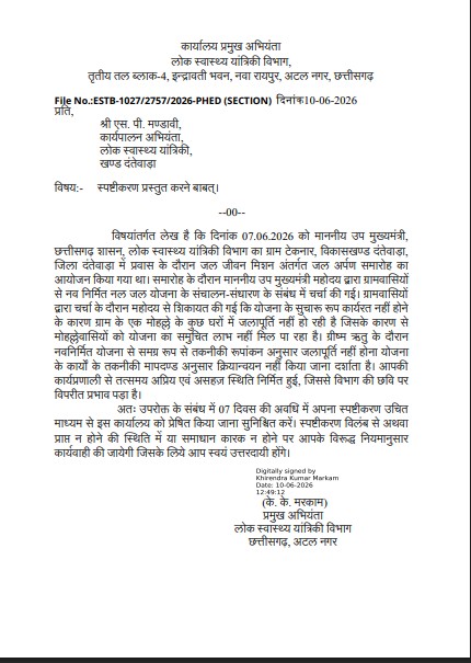 Jal Jeevan Mission: Major impact of the Bastar visit! Notices issued to two Executive Engineers (EEs) on the instructions of Deputy CM Arun Sao; explanation sought regarding negligence in the tap-water scheme.
