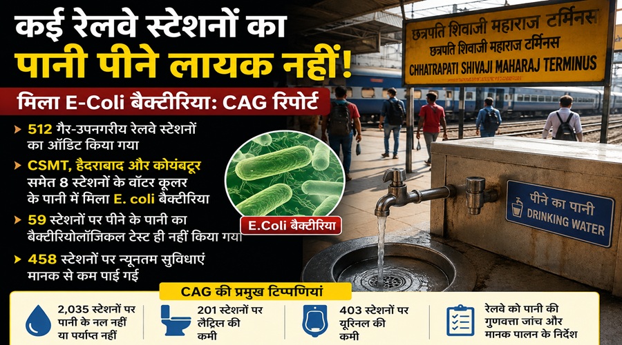 Railway Water Quality: Major CAG report on water at railway stations...! E. coli found in water coolers at 8 stations... Audit conducted across 512 stations.