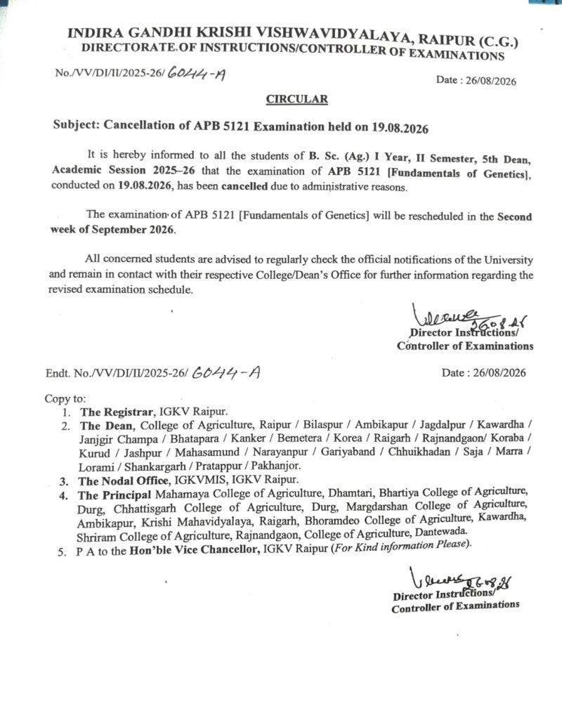 BSc Agriculture Exam 2026: APB 5121 exam cancelled...! Exam to be held again in the second week of September.