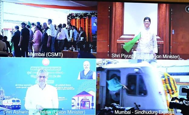 Flag-off: New train service launched from Mumbai to Sawantwadi Road; Ashwini Vaishnaw and Piyush Goyal flagged it off, bringing a major benefit to passengers in the Konkan region.