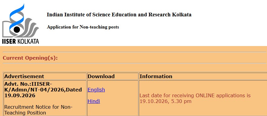 IISER Kolkata Recruitment 2026