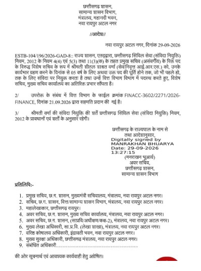 VRS: Major administrative appointment in Chhattisgarh; retired officer Sheetal Verma gets a key posting in the Finance Department; view the order here.