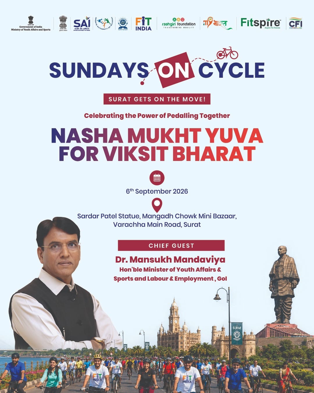 Sunday on Cycle 2026: Anti-drug cycle rally in Surat on September 6; Union Minister Mansukh Mandaviya to lead it.