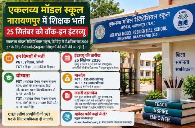EMRS Teacher Recruitment 2026: Opportunity to become a teacher in Eklavya schools; recruitment for PGT and TGT posts; walk-in interview on September 25.